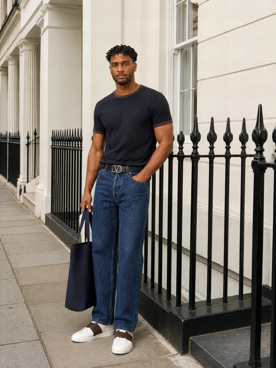 Deep navy and chocolate details set a calm, precise foundation, with straight dark denim keeping the line clean and quietly put together. Off-white and brown sneakers pick up the tee’s trim, softening the palette while staying polished. A navy structured tote and slim logo belt finish it with just enough house code to feel intentional, not showy.