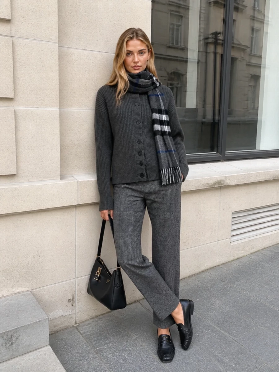 This look builds a restrained charcoal column by pairing the ribbed Prada cardigan with herringbone wool trousers for a clean, elongated line. Sleek black loafers and a structured black shoulder bag keep the mood polished yet unfussy, while the charcoal Burberry scarf introduces just enough pattern to feel considered but still firmly minimalist and quiet-luxury. It’s an intelligent FW uniform that reads cocooning, architectural and thoroughly city-ready.