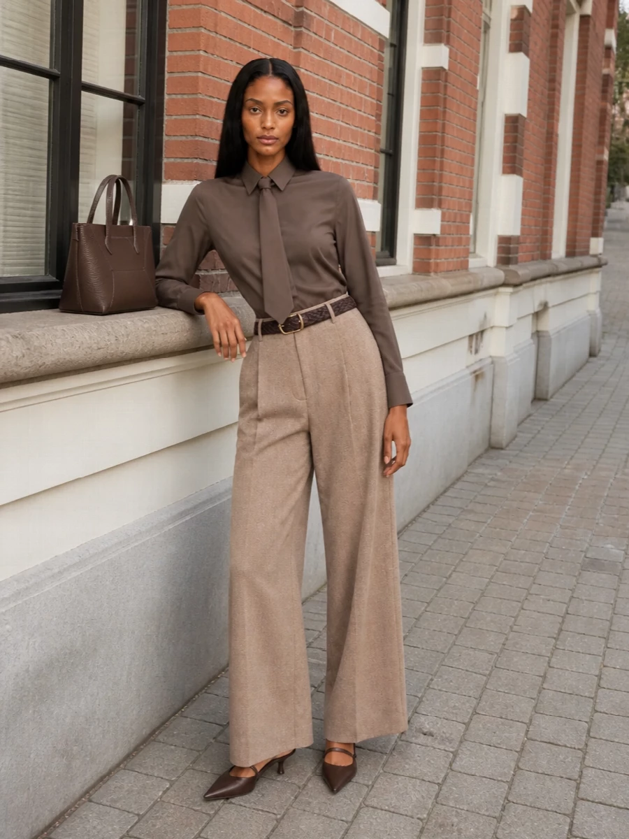 Brunello cucinelli brown shirt wide leg trousers