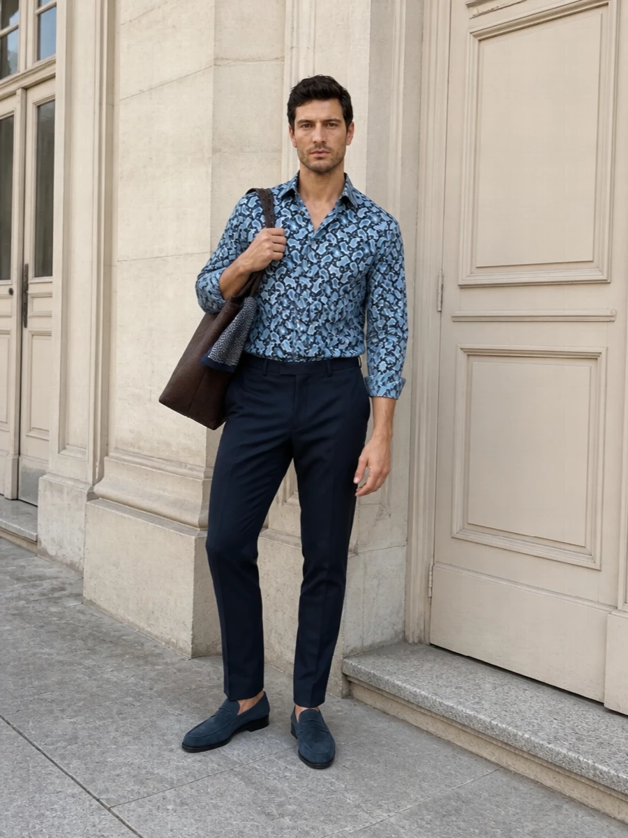 Etro’s paisley shirt is grounded with deep navy tailored trousers for a clean, elongated line. Inky suede loafers keep the mood relaxed but polished, while the paisley tote and slim scarf echo pattern and colour in a quieter, more structured way. The result is an easy city outfit that feels considered for desk, gallery or dinner without tipping into formality.