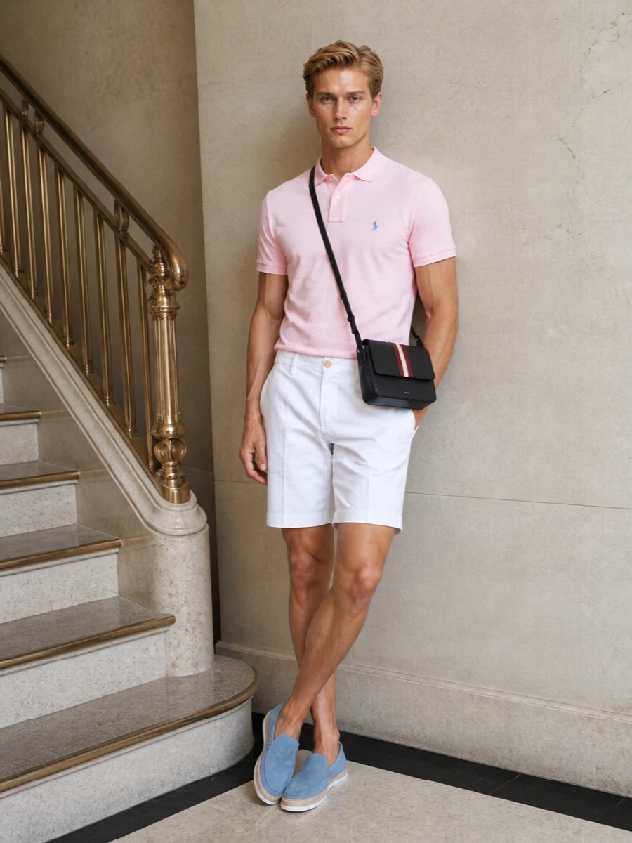 Soft pink and optic white set a clean, East Coast summer mood, with the tailored chino short keeping the polo firmly on the polished side of casual. Sky‑blue suede loafers echo the pony embroidery and introduce an easy resort note, while the structured crossbody adds just enough sharpness for city days or travel. The result is quietly confident, neat and relaxed, ideal from brunch to waterside drinks.
