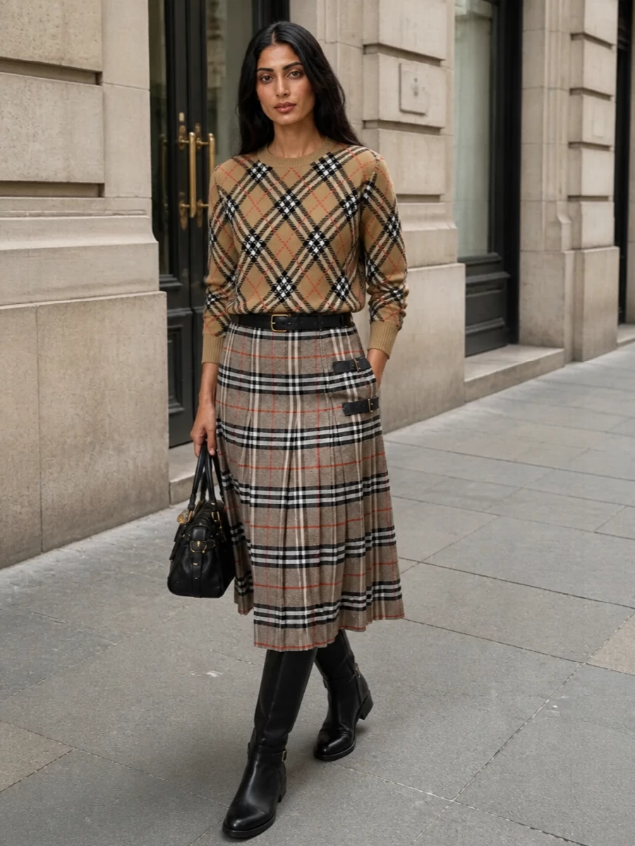 A heritage-inspired FW look that leans into Burberry codes without feeling costume-y: the checked pleated midi is grounded by a camel check crewneck, letting texture and proportion do the talking rather than matching prints exactly. Sleek black riding boots, a structured black top-handle bag, and a slim leather belt sharpen the silhouette, delivering a polished, city-ready take on modern British preppy quiet luxury.