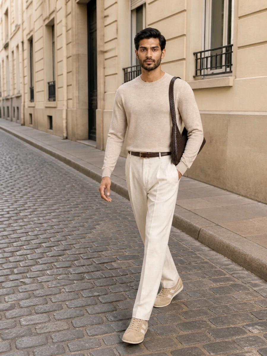 Minimalist beige crewneck pleated trousers outfit
