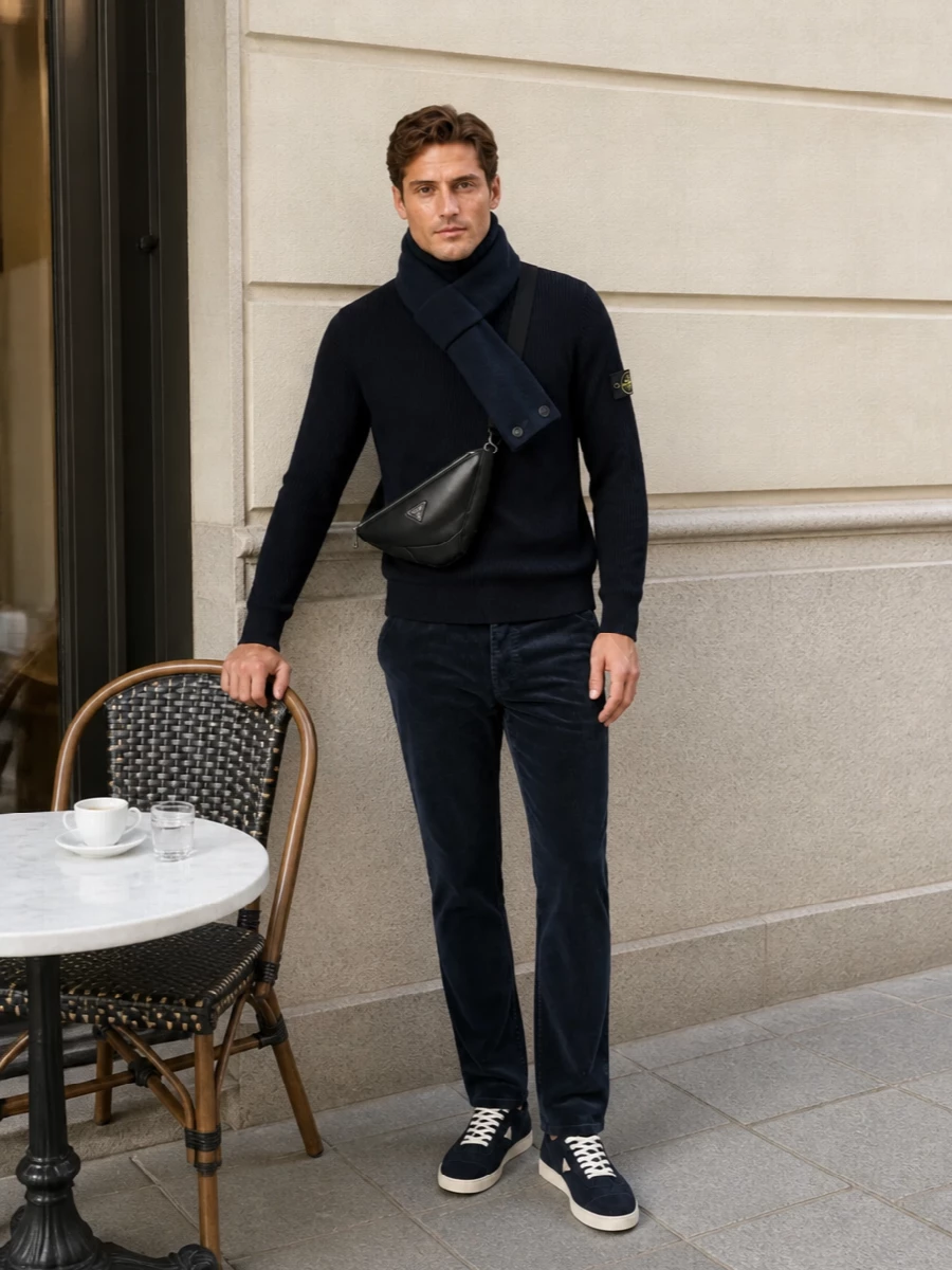 Deep navy corduroy with a matching ribbed turtleneck creates a clean column of colour that feels precise yet relaxed. Navy suede sneakers and a sculpted black crossbody keep the mood modern and quietly technical. A slim ink scarf finishes it with just enough texture for city evenings and weekend dinners alike.