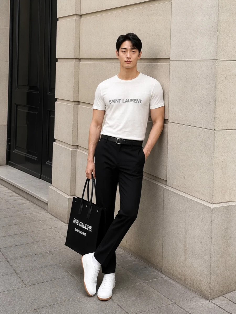 Saint laurent logo tee prada black tailoring outfit