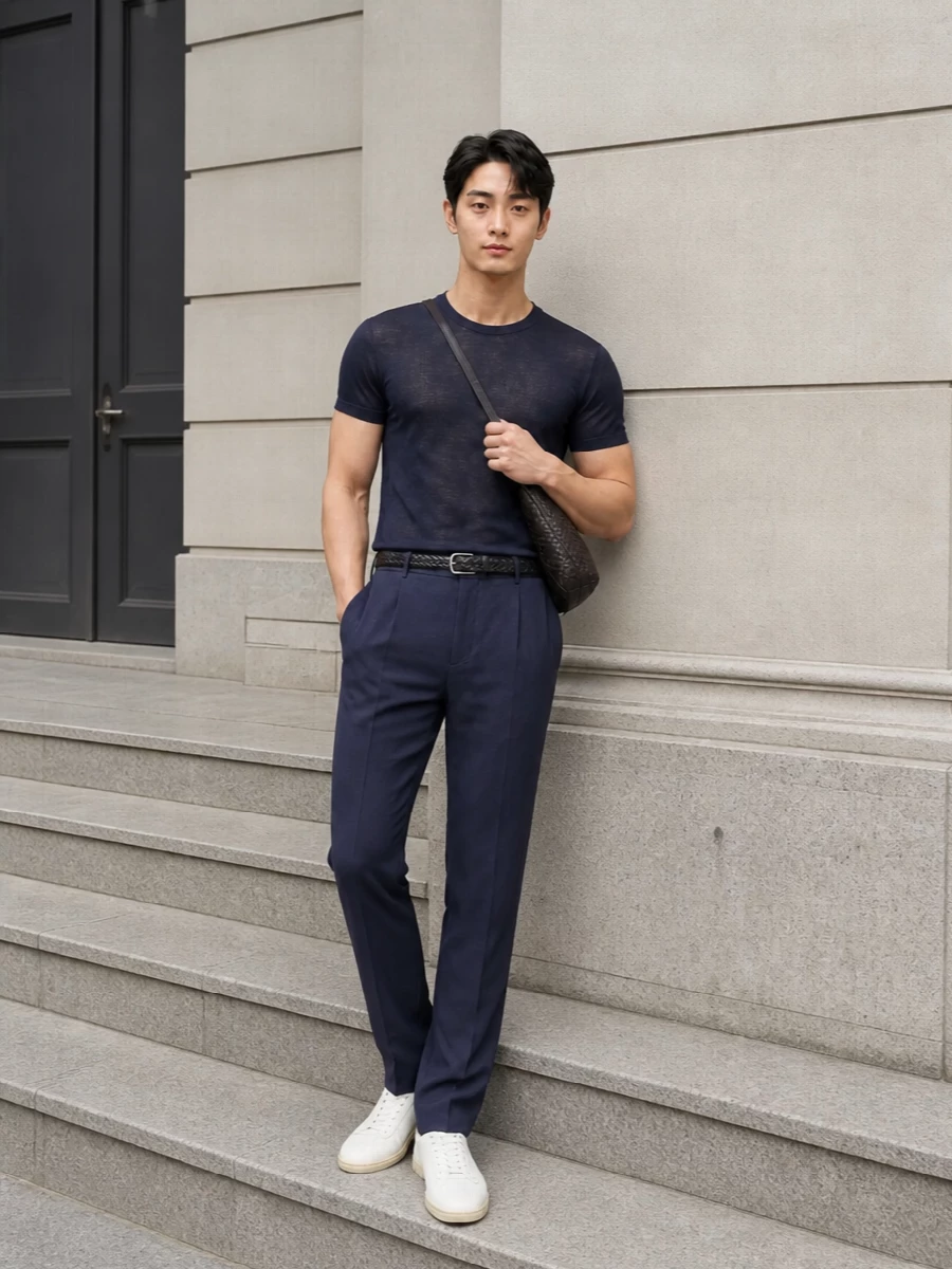 Ink navy on navy sets a calm, refined foundation, with the straight-leg trouser echoing the tee’s softness in a more structured way. Off-white sneakers and a deep brown crossbody keep the palette understated but dimensional, giving you a smart warm-weather outfit that moves easily from daytime meetings to dinner. The braided belt is the only visible hardware moment, adding just enough definition without breaking the line.