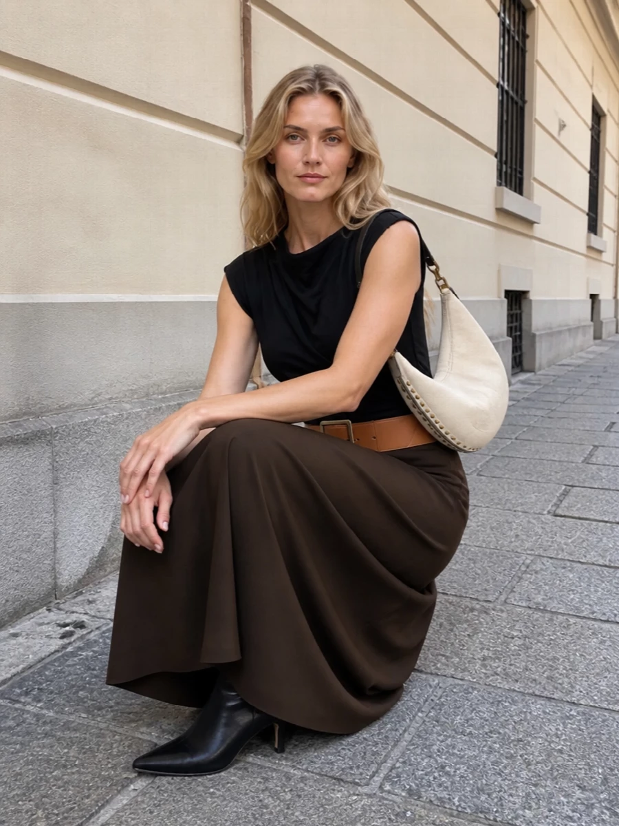 Isabel marant brown maxi skirt black top outfit