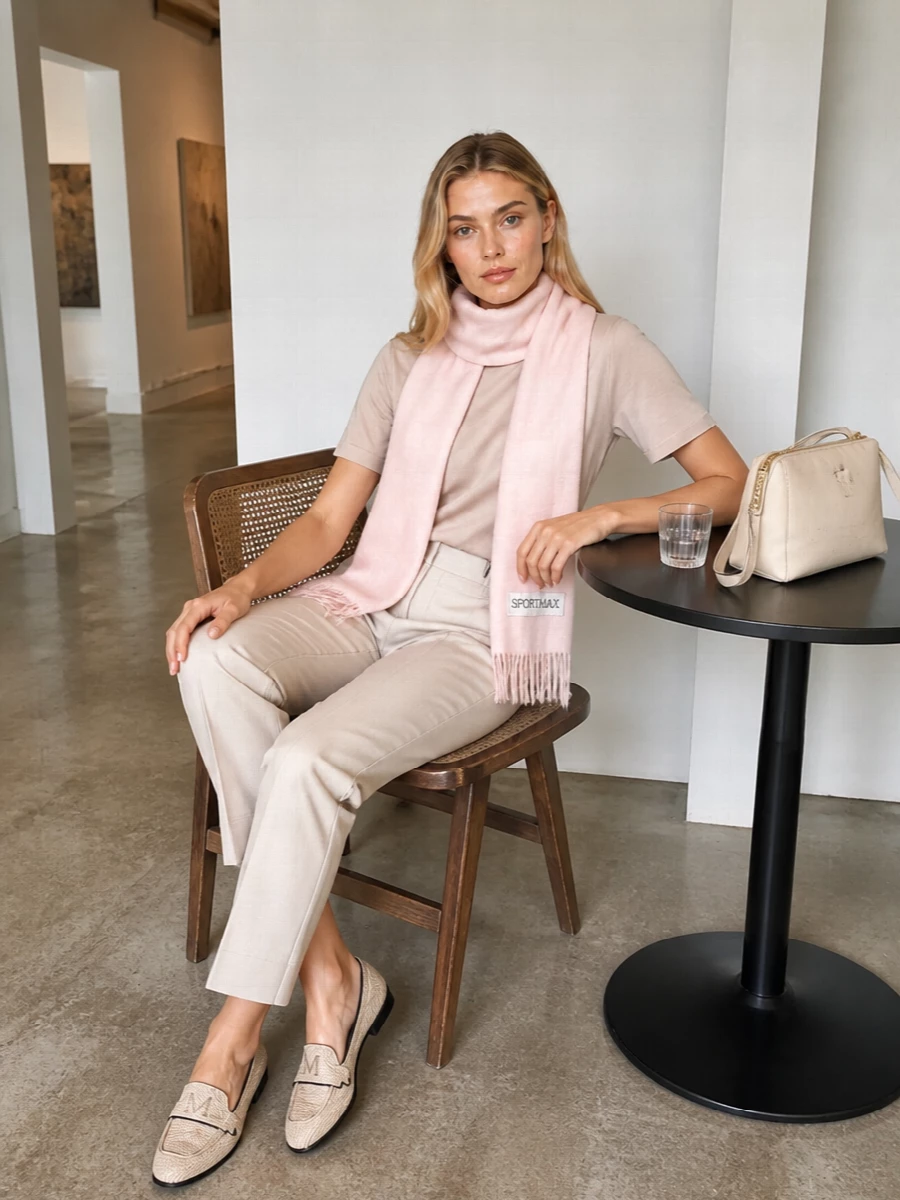 Max mara blush tee beige tailored trousers outfit