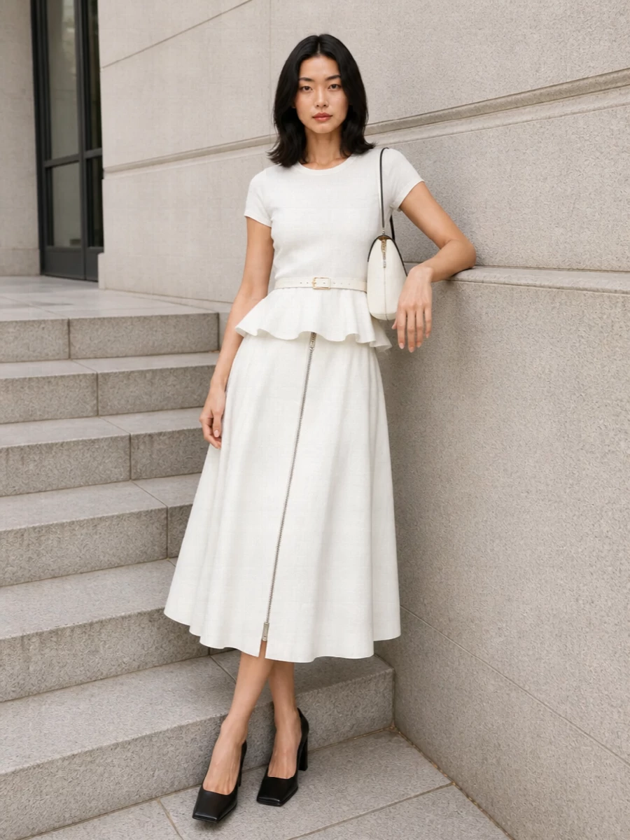 Alaia white peplum top prada ivory midi skirt