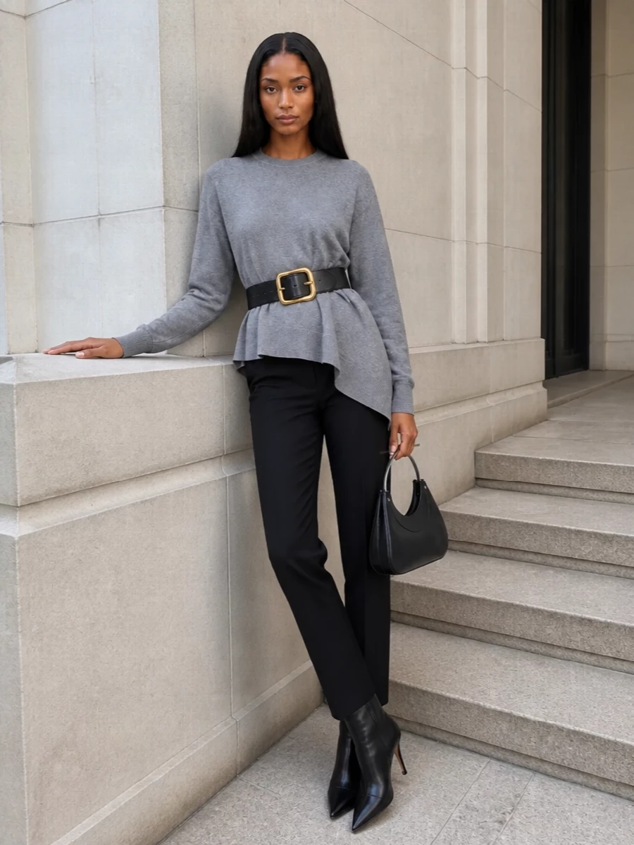 Mcqueen grey sweater black tailored trousers outfit