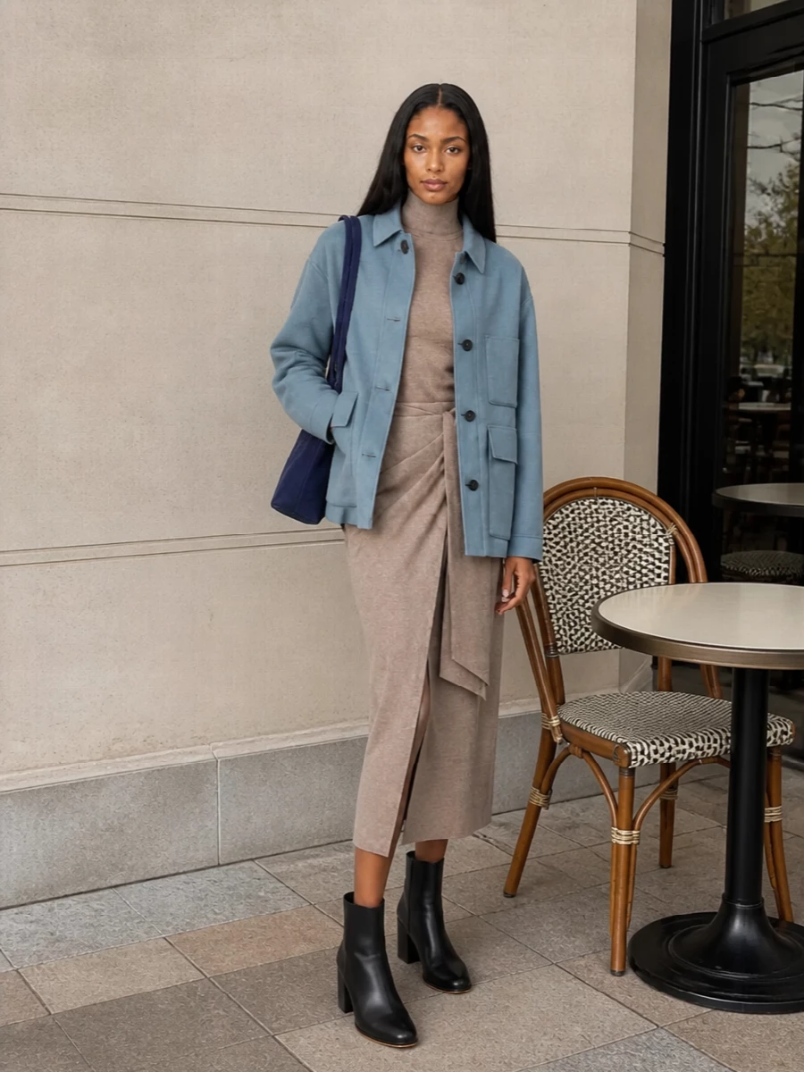 Max mara knit dress blue utility jacket outfit