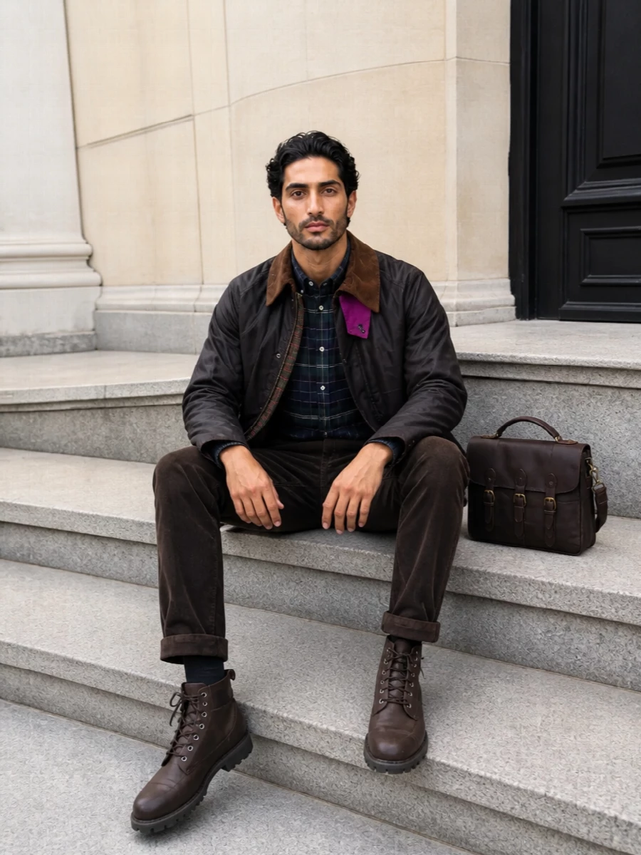 Barbour waxed jacket corduroy trousers boots