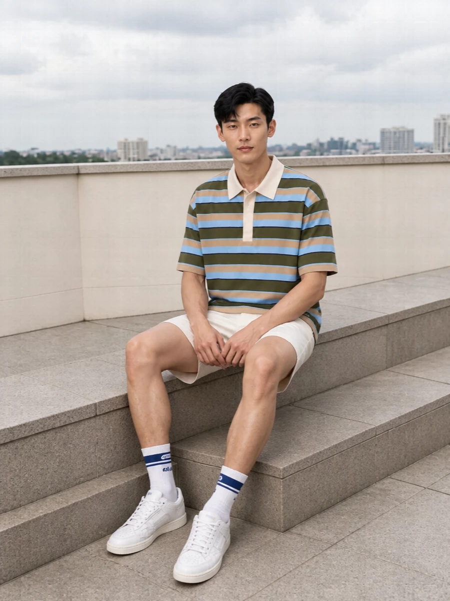 Ami striped polo off white shorts outfit