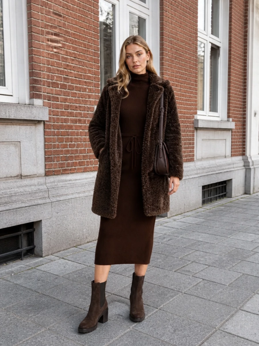 Apc brown knit dress with faux fur coat
