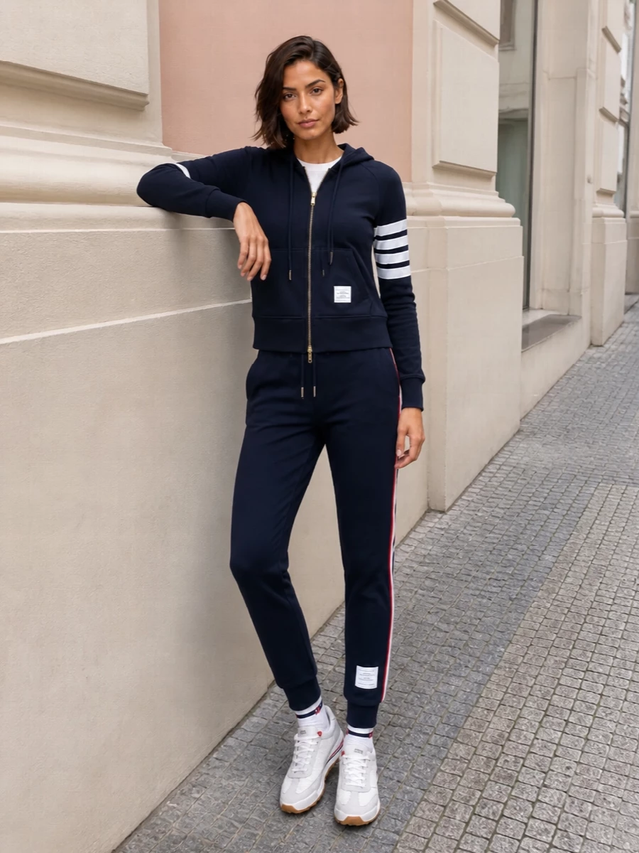 A navy four-bar hoodie paired with slim tricolour-striped track pants leans fully into Thom Browne’s collegiate sport mood while keeping the lines sharp and streamlined. White runners keep everything light and athletic, and a pale structured satchel adds just enough quiet polish to take this from weekend errands to relaxed city days.