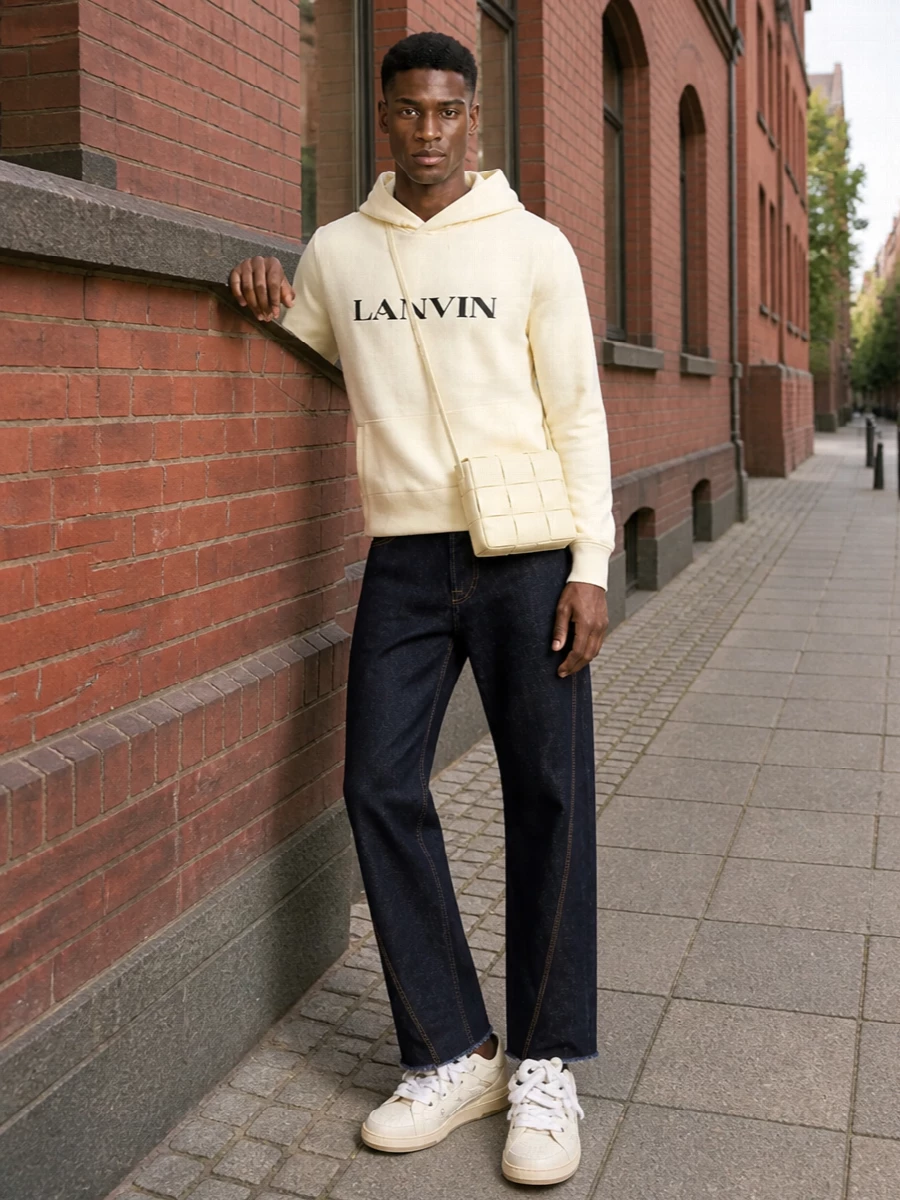 Lanvin cream hoodie dark denim sneakers outfit