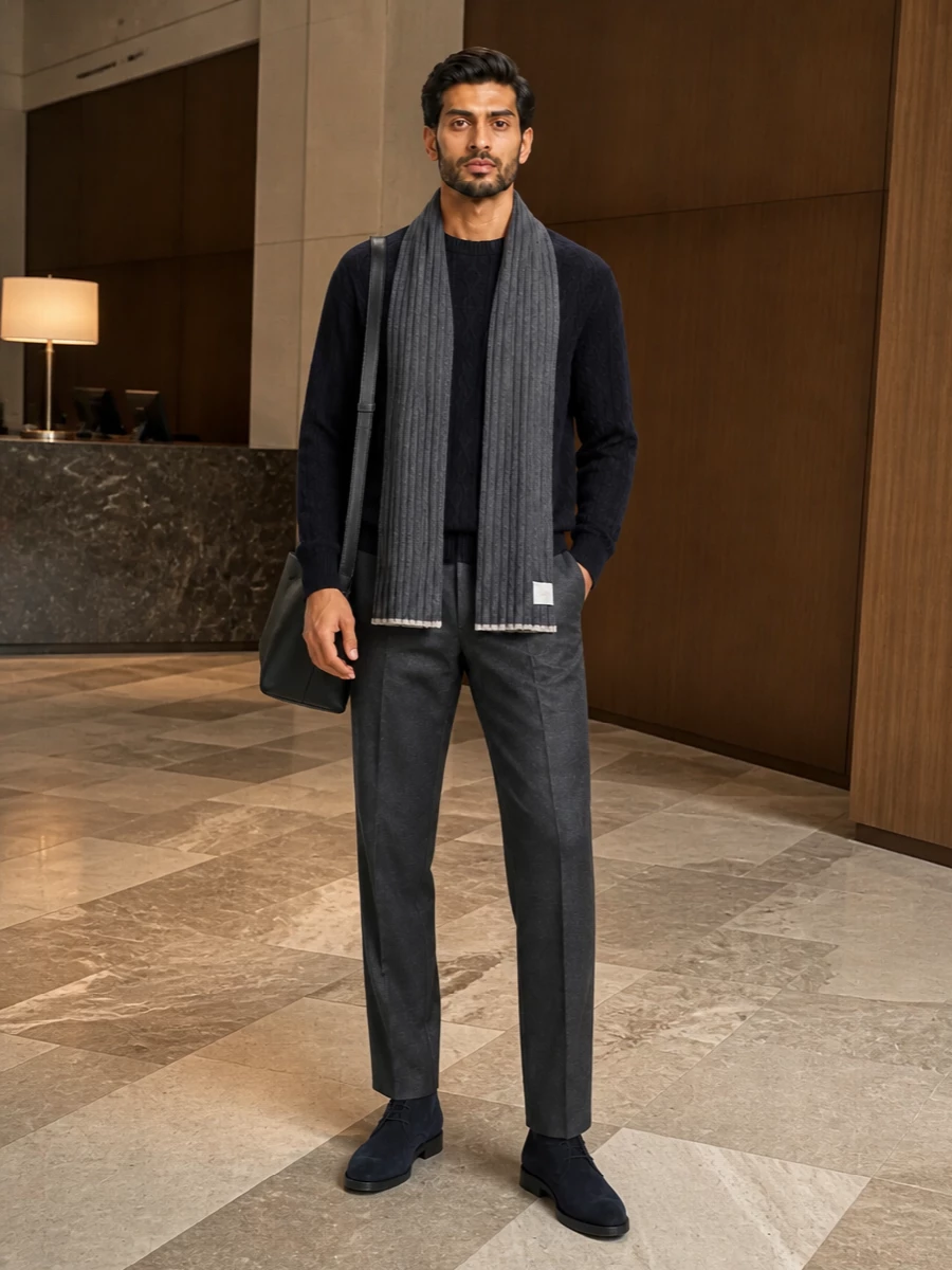 Inky navy and charcoal grey create a calm, precise foundation that feels considered without reading stiff. The tailored trouser sharpens the Row knit, while the navy suede chukka and black leather shoulder bag keep everything quietly functional for city days and understated evenings. A charcoal scarf ties the palette together, adding just enough texture and warmth for colder weather.