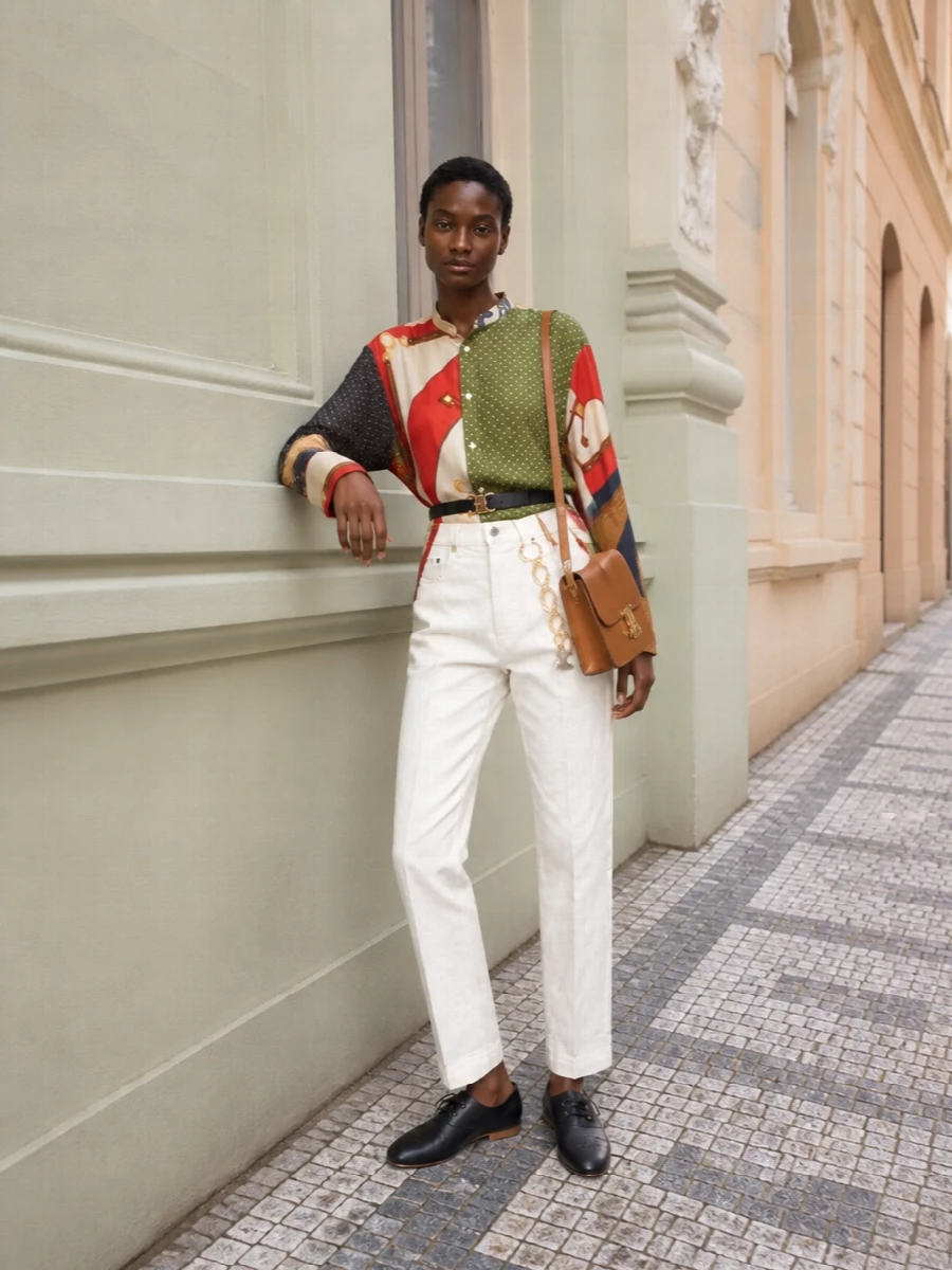 Celine silk scarf shirt ivory jeans outfit