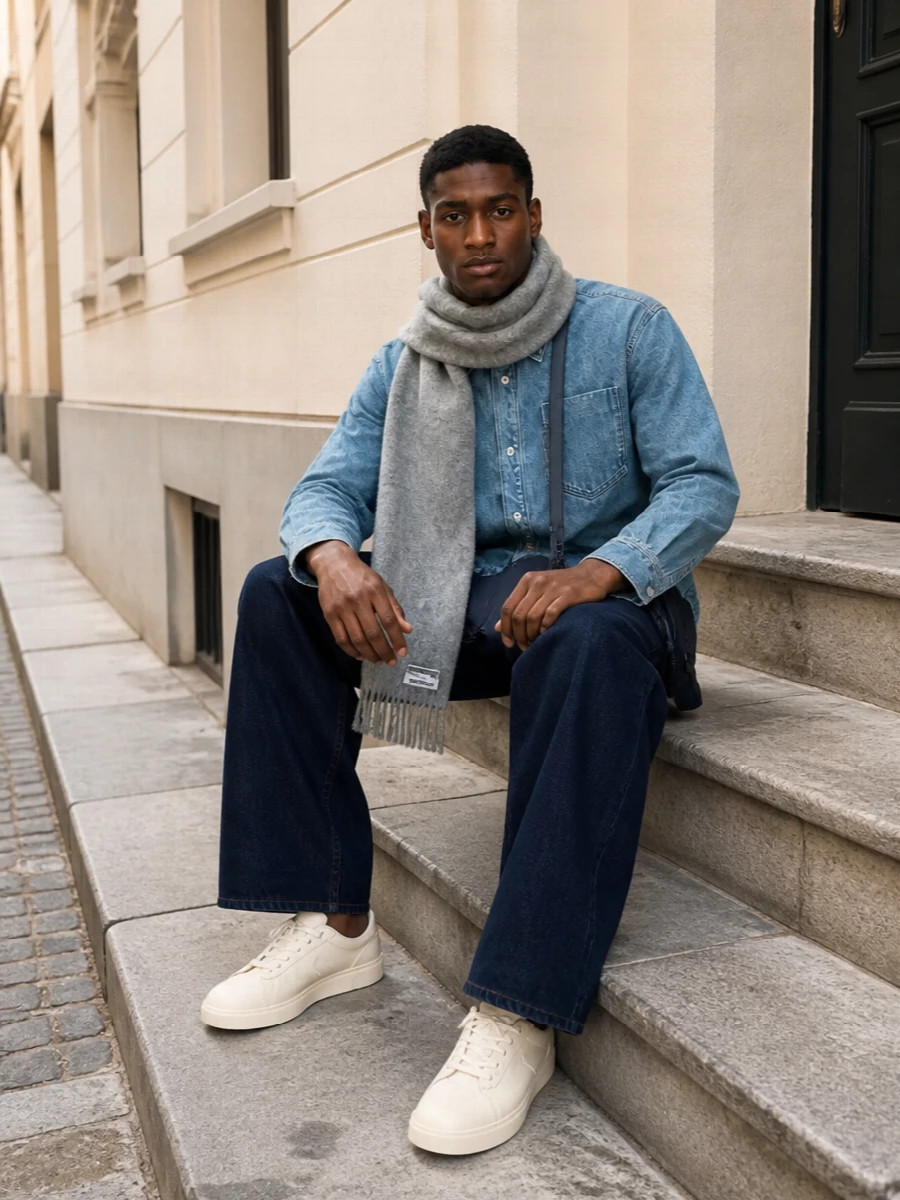 Ami denim shirt wide leg jeans outfit