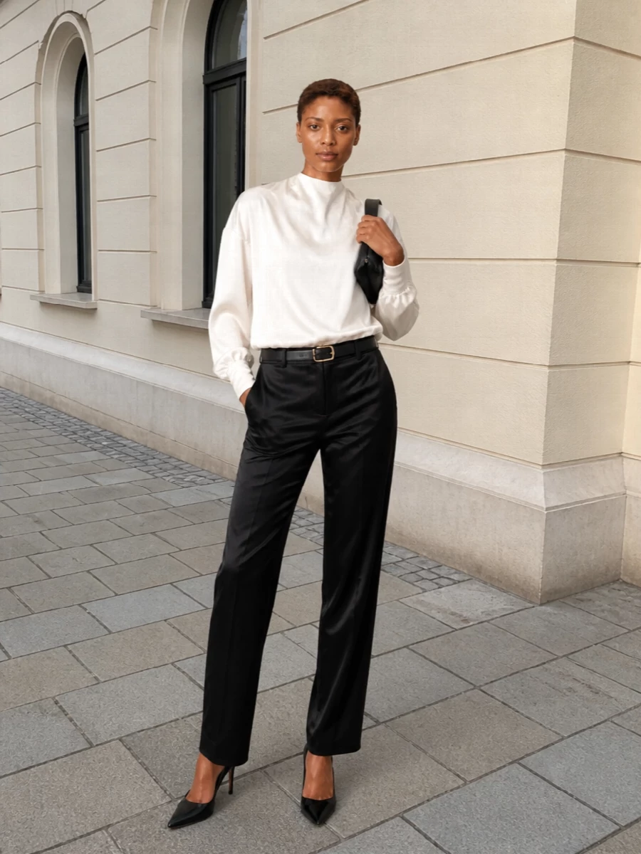An ivory satin bodysuit blouses softly over long black satin trousers for a minimal monochrome evening pairing that feels polished without trying too hard. Sharp black pumps and a sculpted black clutch keep the lines clean, while a slim belt quietly defines the waist. It is a modern dinner outfit that relies on proportion, texture and restraint rather than overt statement.