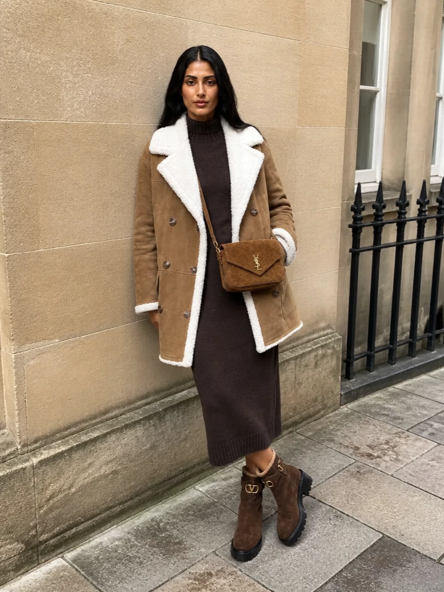Yves salomon coat max mara knit dress outfit