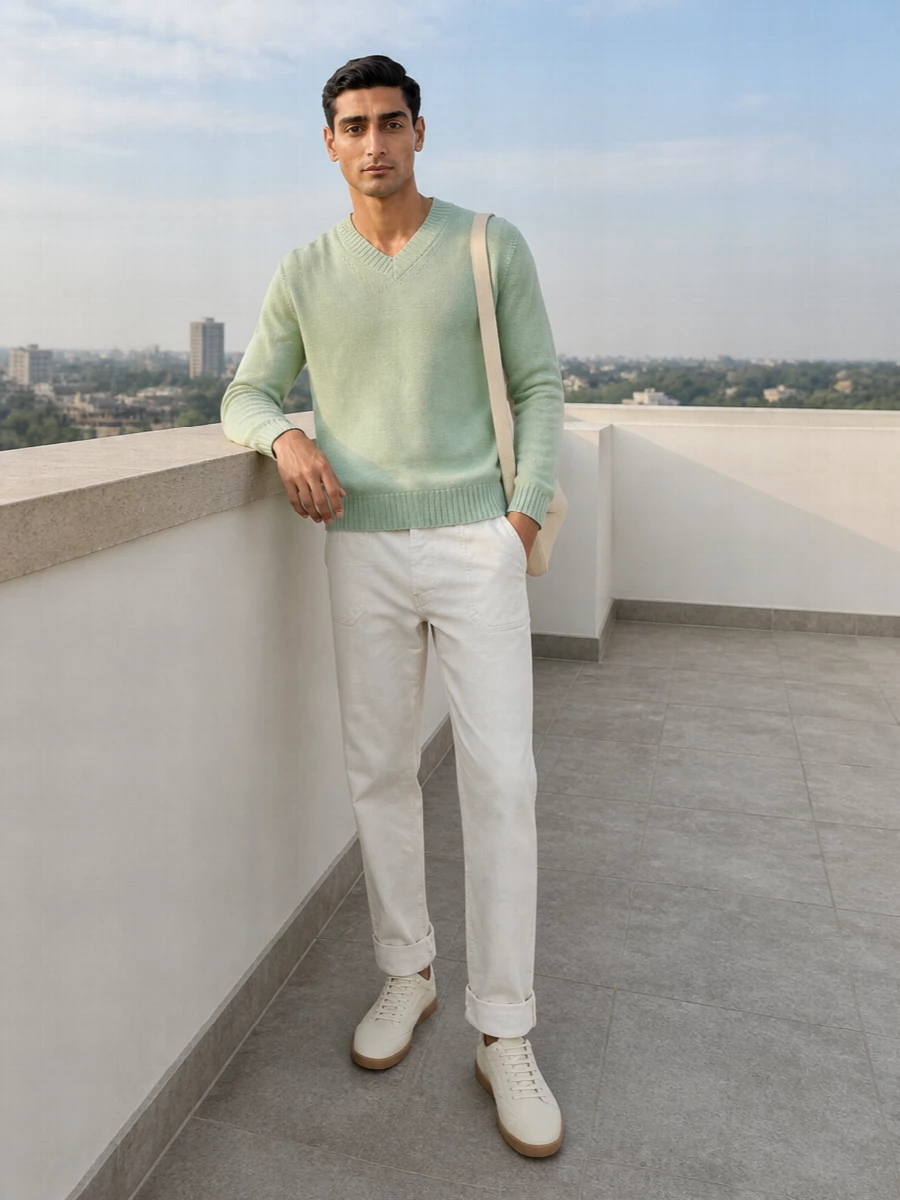 Auralee mint sweater off white trousers outfit
