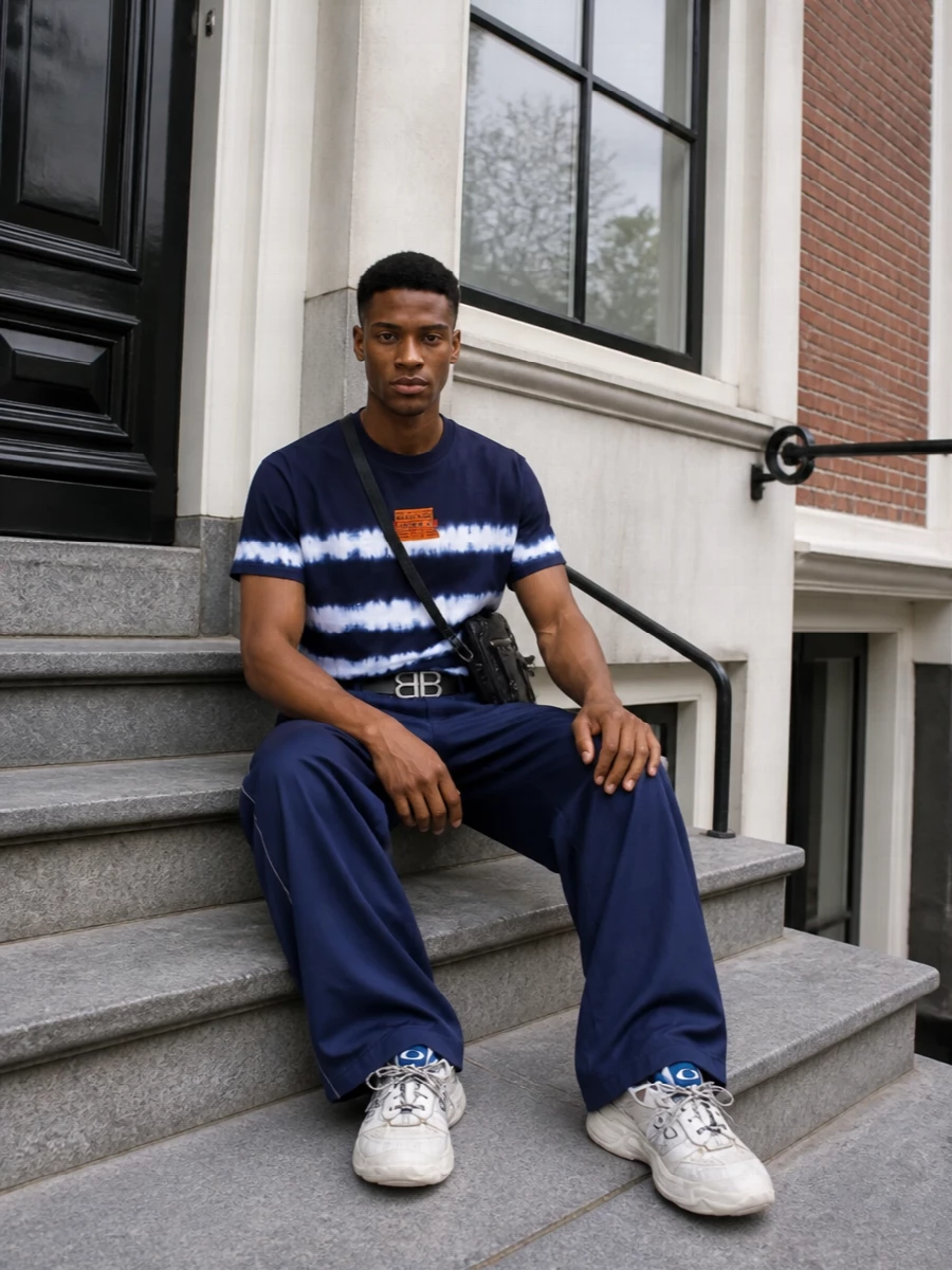 Balenciaga navy tie dye tee wide leg track pants