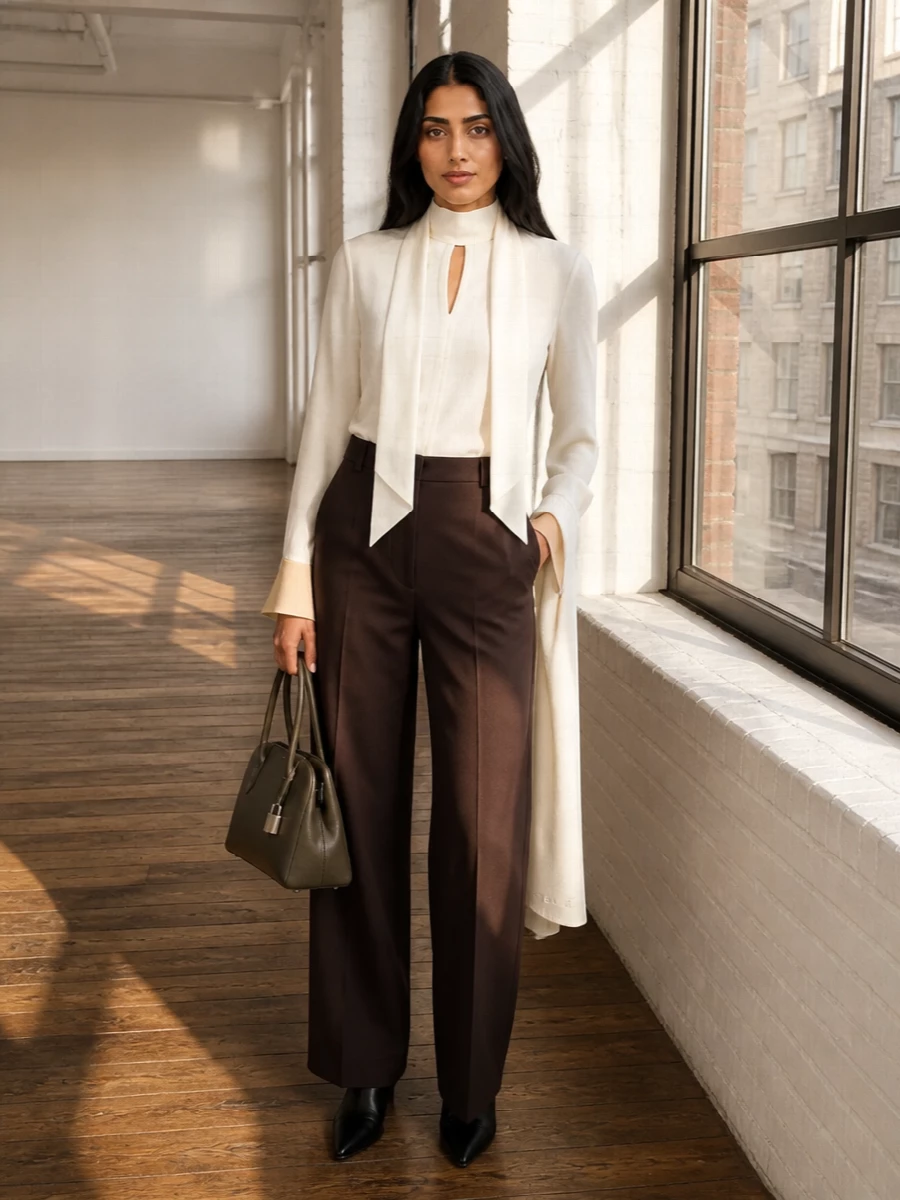 Stella mccartney ivory blouse chocolate wide leg trousers