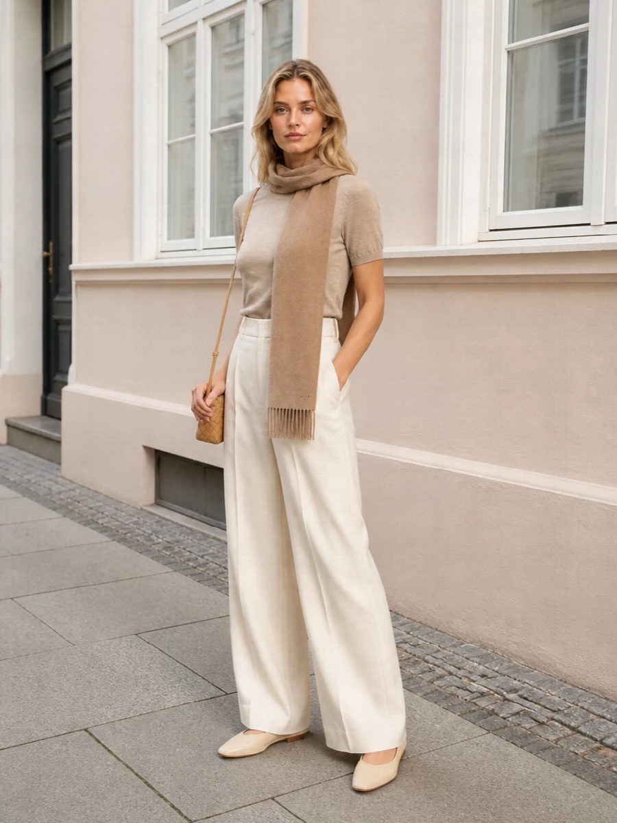 Bottega veneta camel knit ivory wide leg trousers