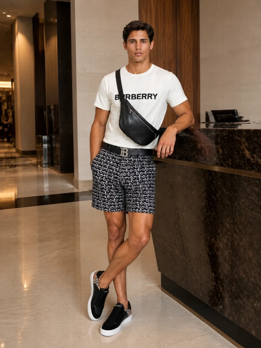 Graphic Burberry shorts meet a crisp white logo tee for a clean, monochrome statement that still feels relaxed. Black check-trim sneakers and a sleek leather crossbody echo the palette, keeping the energy street-led but refined. A TB belt adds a discreet hit of hardware and structure without competing with the print.