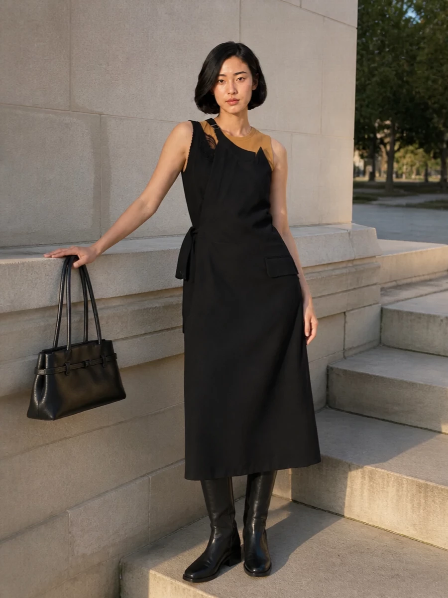 The asymmetric MM6 midi takes the riding boot out of pure equestrian territory and into something more conceptual, with the black and camel layers echoing the boot’s structured severity. The long, lean lines of dress and boot together feel graphic but still understated, and the sculpted black shoulder bag keeps everything in a restrained, quietly luxurious register. This path works better than tailoring separates because it lets the boots slice cleanly under a single architectural column, rather than getting lost in suiting breaks and hemlines.