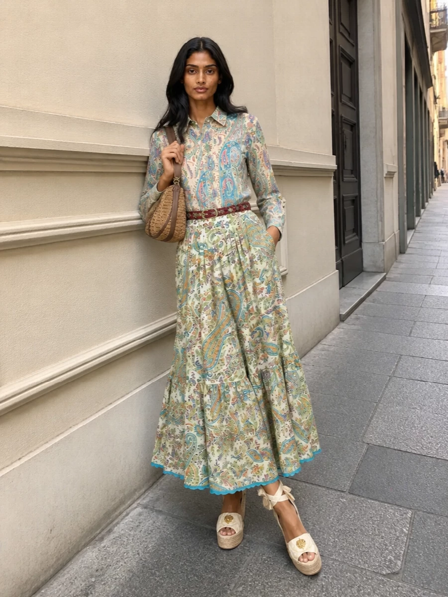 Etro paisley maxi skirt outfit espadrille wedges