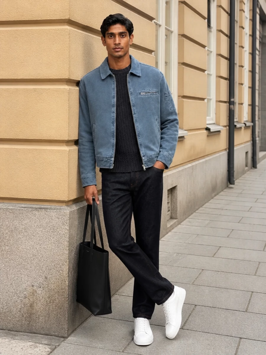 Apc bomber dark jeans white sneakers