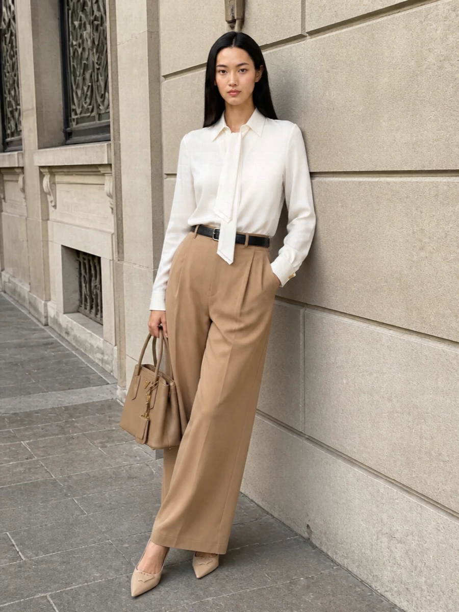 An ivory tie-neck Max Mara shirt is paired with high-waisted camel wide-leg trousers for a fluid, elongated take on power tailoring. Nude Prada slingbacks and a structured camel tote refine the neutral story, while a slim black belt quietly defines the waist for a perfectly balanced SS boardroom-to-dinner look.