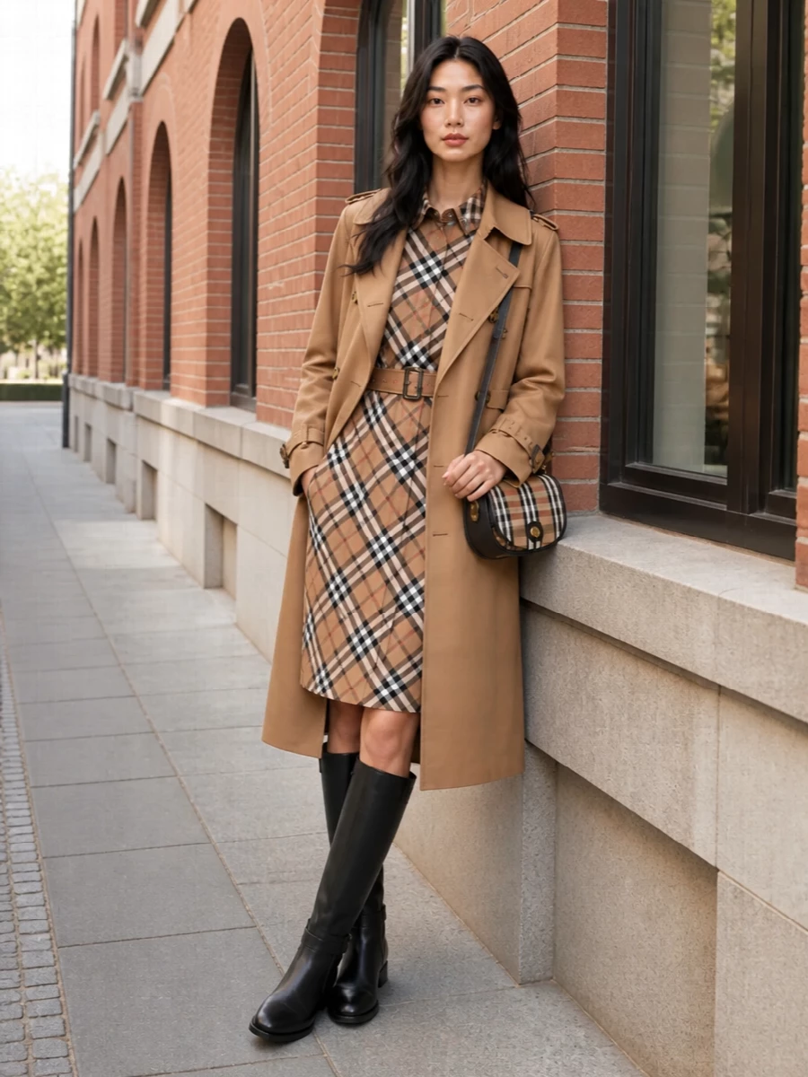 I am choosing the dress path so the trench can sit over a single, clean column of check rather than juggling separate shirting and a trench-inspired skirt. The checked shirt dress, black riding boots and compact heritage crossbody create a coherent Burberry story in camel, black and red that feels tailored, quietly luxurious and city-ready. The result is a long, uninterrupted line under the coat with just enough house code repetition to feel intentional, not busy.