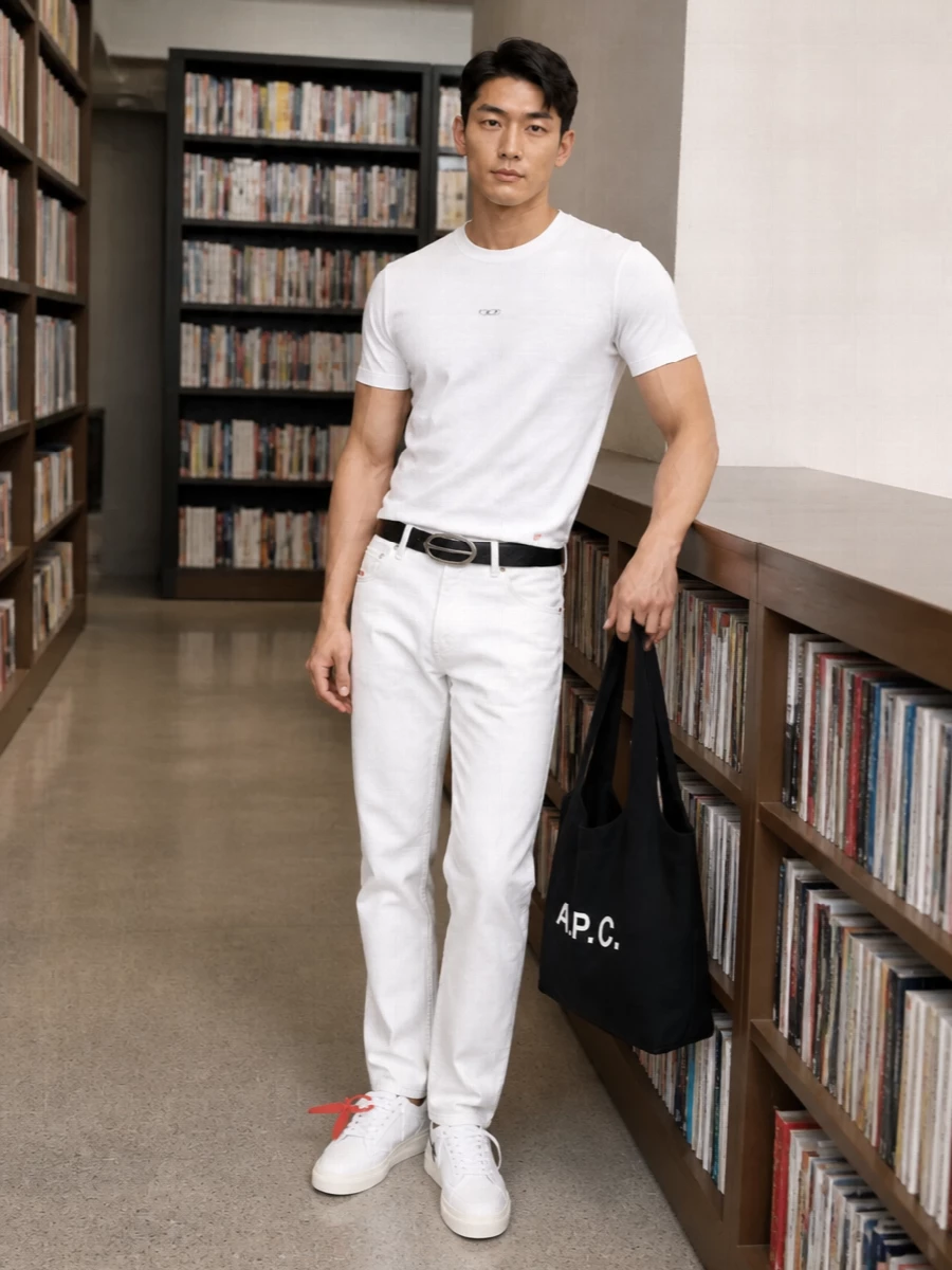 Diesel white jeans off white sneakers outfit