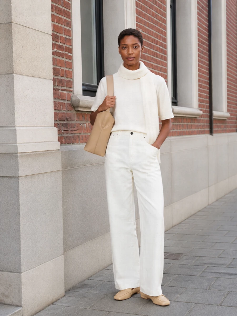 Closed ivory tee haikure wide leg jeans outfit