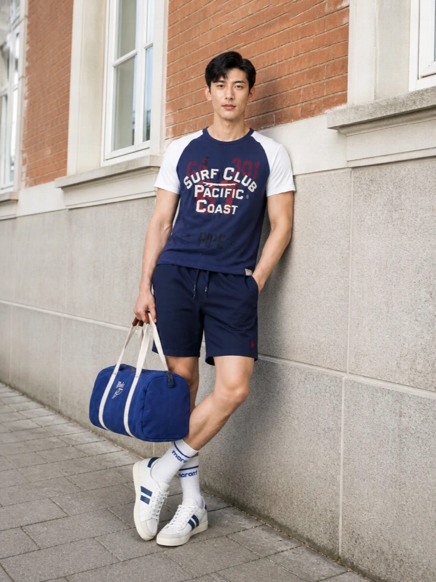 A Polo surf-club tee in navy and white is grounded with matching deck shorts for a clean, coastal prep feel. Bally’s off-white and navy sneakers and striped socks keep the palette tight and sporty, while the royal-blue duffle adds a confident hit of color that still feels anchored in the same collegiate universe. It is relaxed enough for the boardwalk yet considered enough for a city day in the sun.
