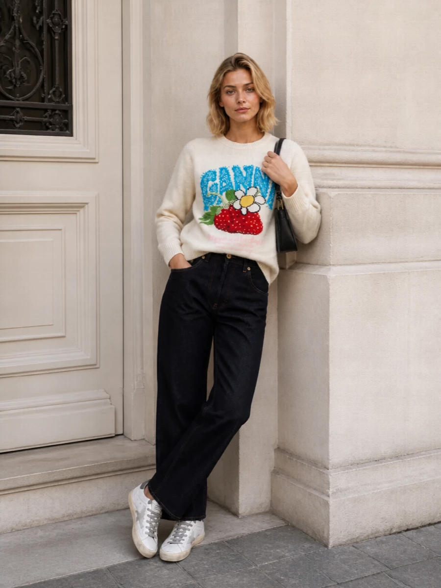 This outfit leans into playful streetwear with a cream Ganni graphic sweatshirt paired with clean dark‑indigo Versace denim and the lived‑in Golden Goose sneakers. The straight leg and darker wash keep the proportions sharp so the bold knit and scuffed sneakers feel intentional rather than sloppy. A slim black shoulder bag adds just enough Italian polish to carry the mix from coffee runs to casual dinners without changing the core pieces.