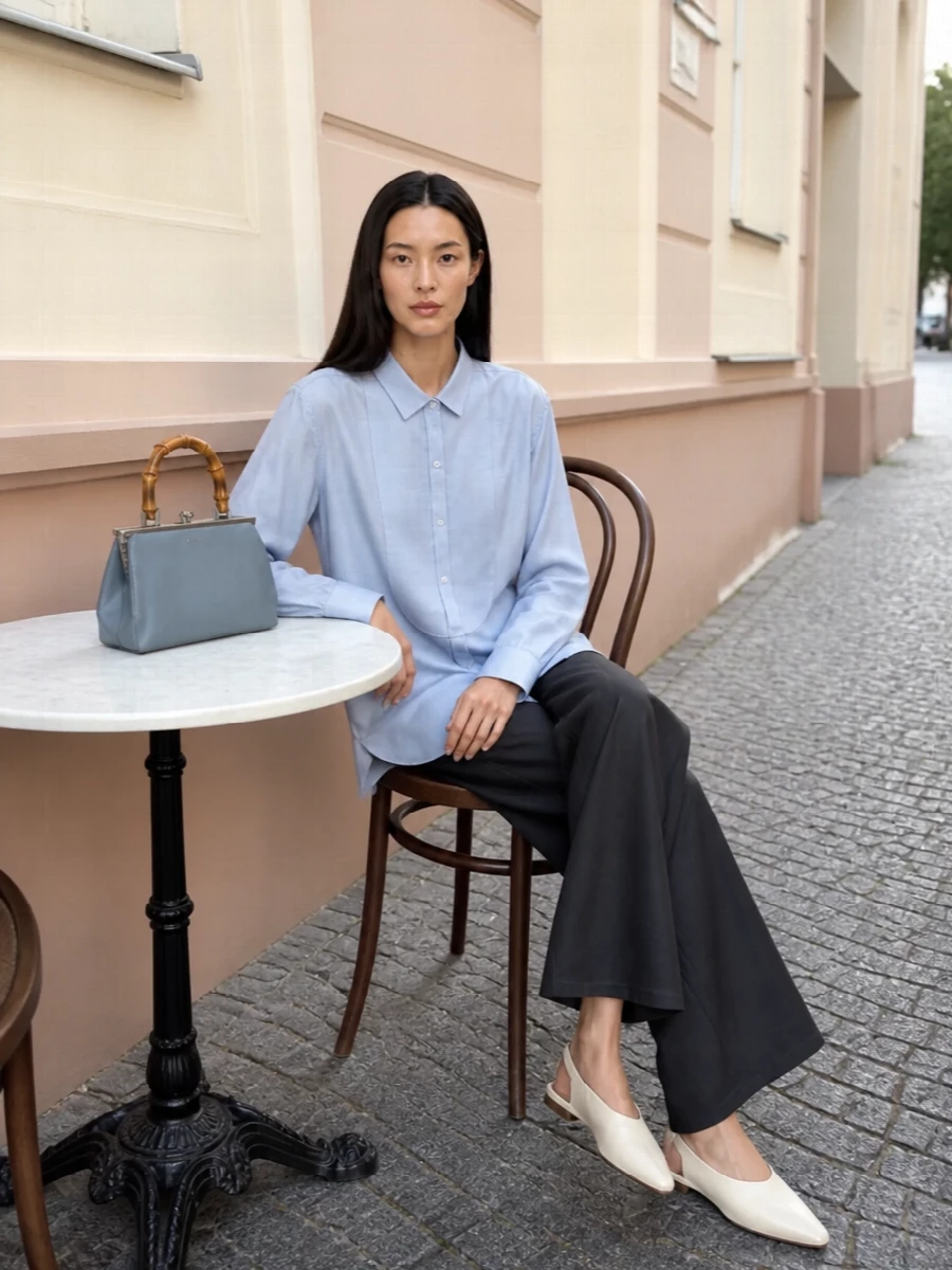A pale-blue tux-style shirt falls cleanly over charcoal wide-leg trousers for a long, fluid line that feels intelligent and relaxed in equal measure. Cream pointed flats keep the profile light, while a steel-blue frame bag quietly echoes the shirt’s tone for a cohesive, softly architectural finish.