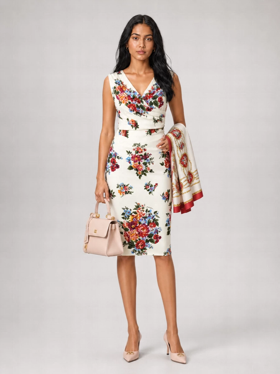 Dolce&Gabbana Viscose Satin Floral Print Draped V-Neck Sleeveless Knee-Length Dress