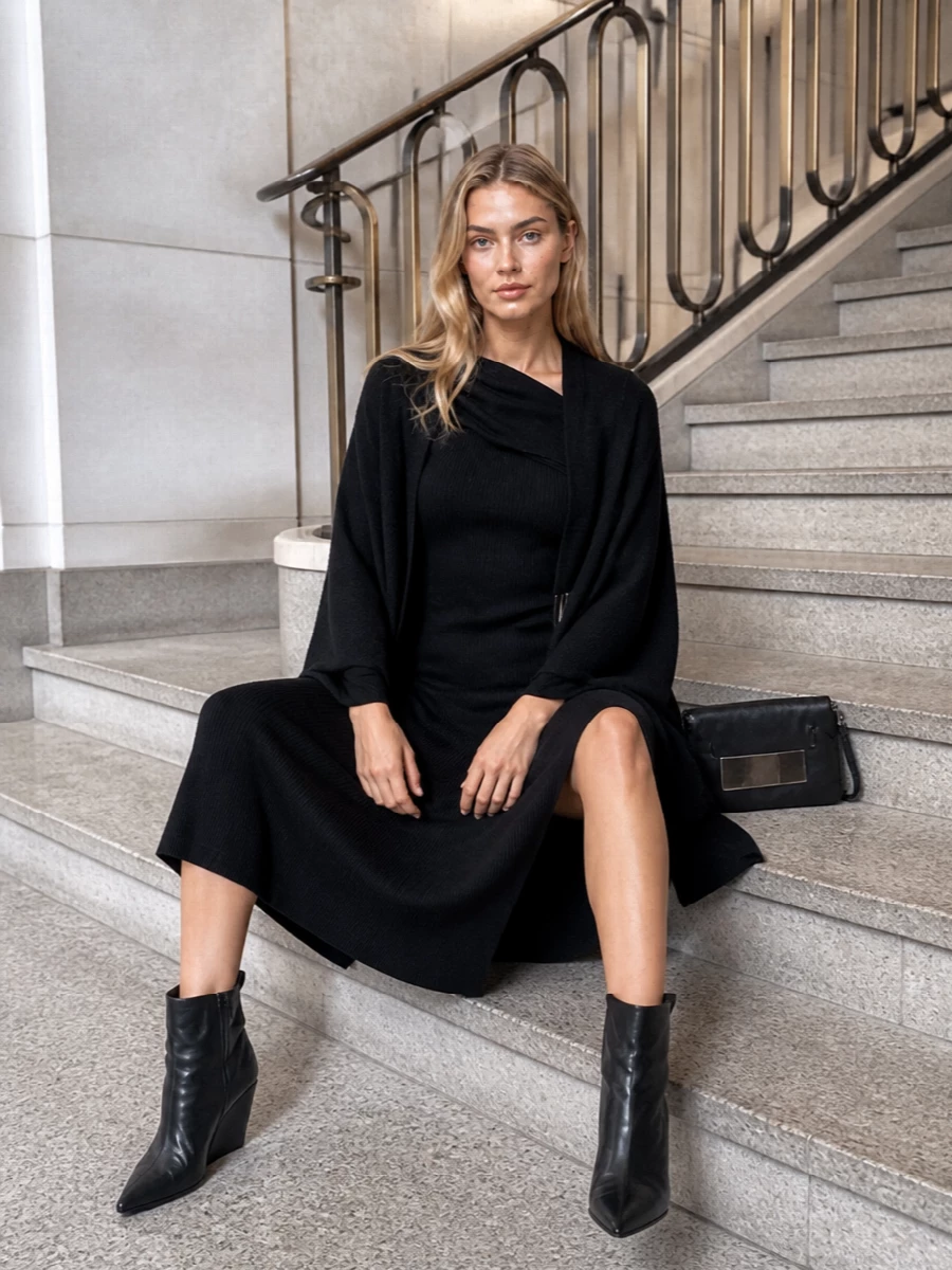 Rick owens black cape ribbed dress wedge boots