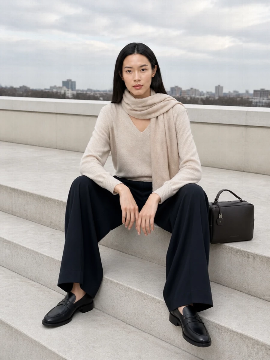 Brunello cucinelli navy wide leg pants oatmeal knit