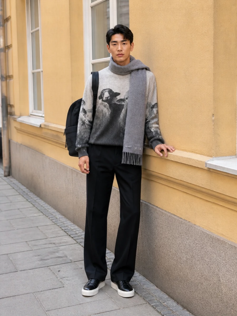 Moschino sheep sweater black trousers sneakers