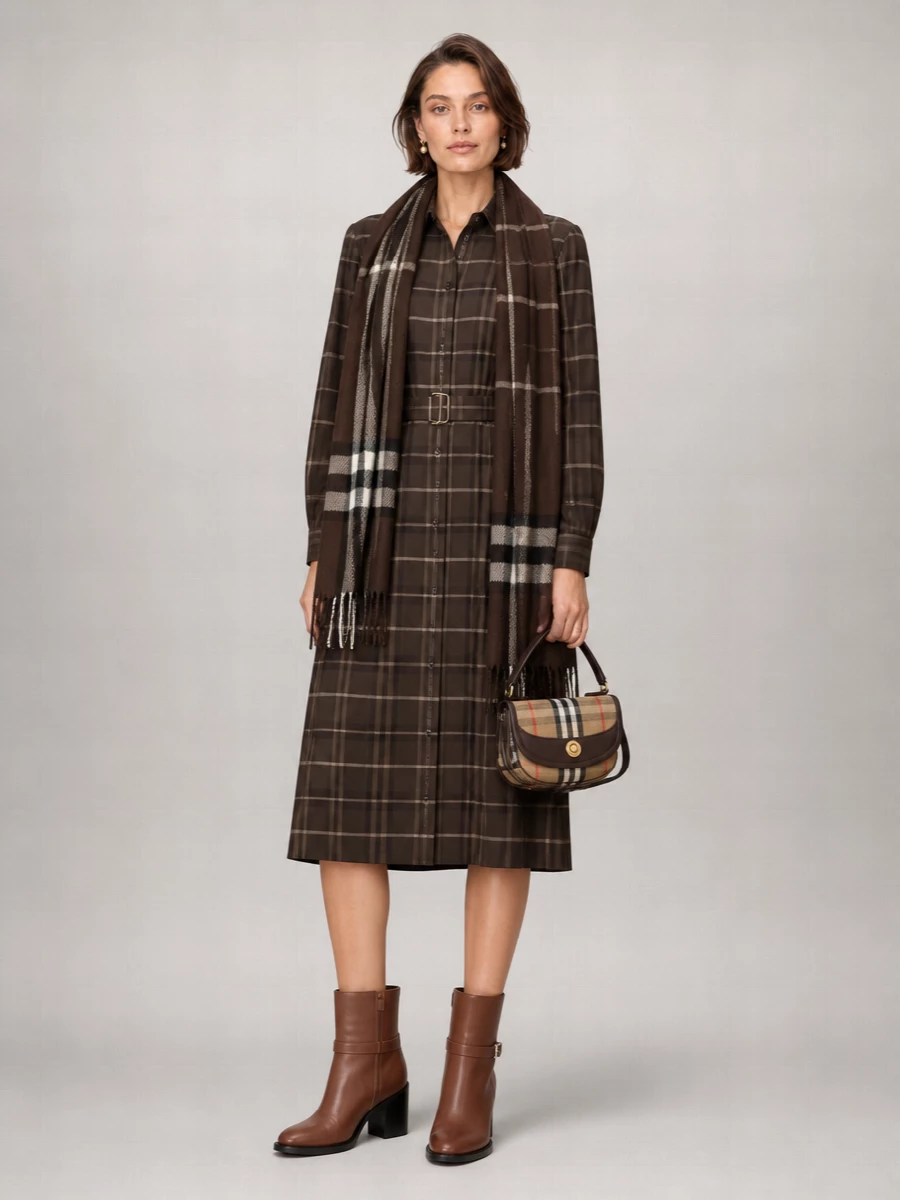 Burberry Cotton Checked Belted Shirt Midi Dress