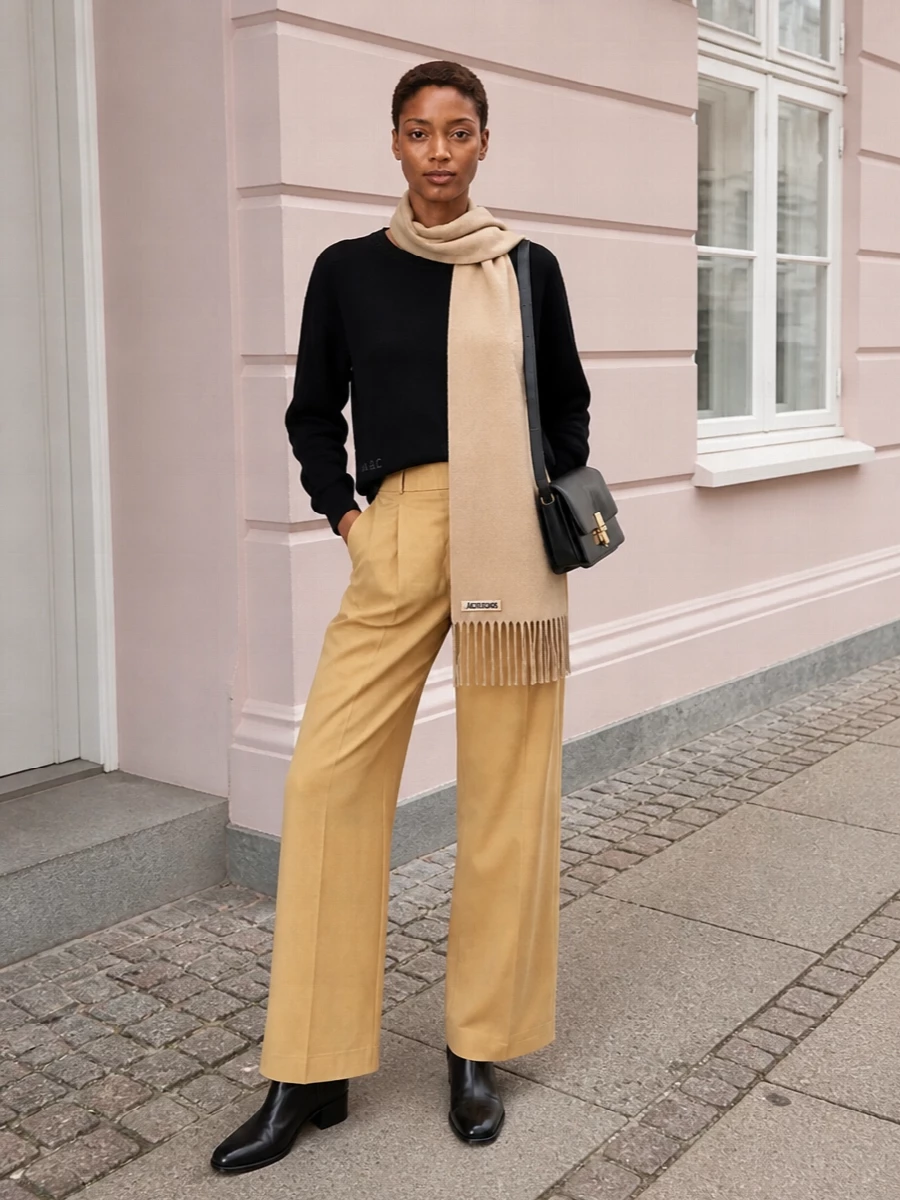 Apc black sweater camel wide leg trousers