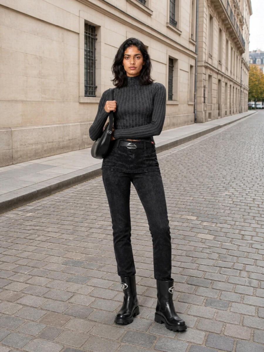 A washed black and charcoal column keeps the mood dark and streamlined, all about texture and subtle logo hits rather than loud contrast. The slim mock-neck and high-rise denim work together to elongate the frame, while the chunky boots and sculpted bag inject just enough industrial attitude. It is a city-ready streetwear uniform that feels intentional from coffee to late-night bar runs simply by playing tone-on-tone and hardware repeats.