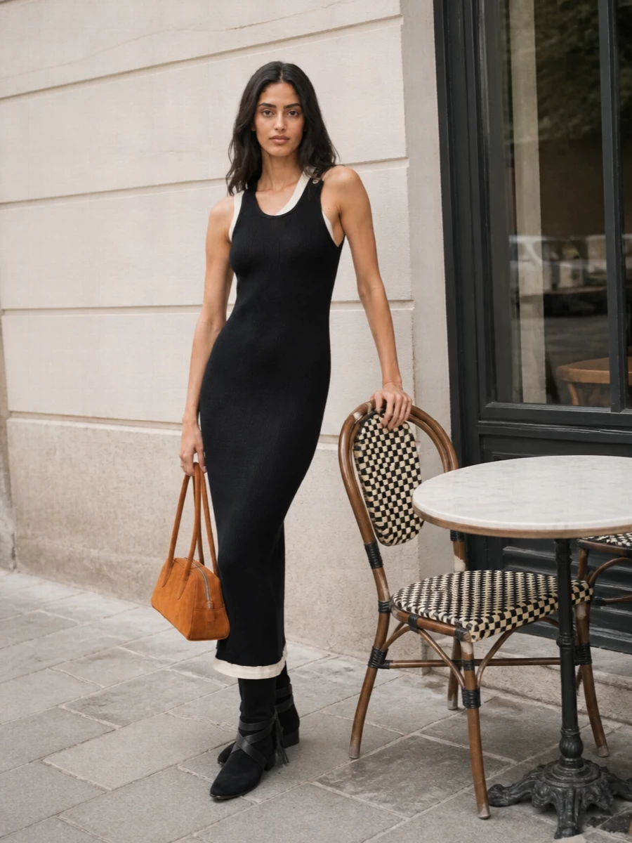 A ribbed Gaultier maxi and Isabel Marant’s suede knee boots create a long, graphic column that feels quietly subversive yet completely wearable. The black-and-ivory palette keeps everything sharp, while the burnt-caramel suede baguette introduces a subtle warmth that still reads Parisian and restrained. This is the kind of outfit that works from gallery afternoons to low-key dinners without ever feeling over-styled.