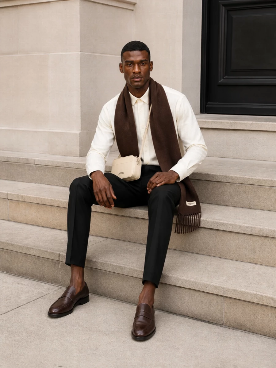Jacquemus ivory shirt black tailored trousers