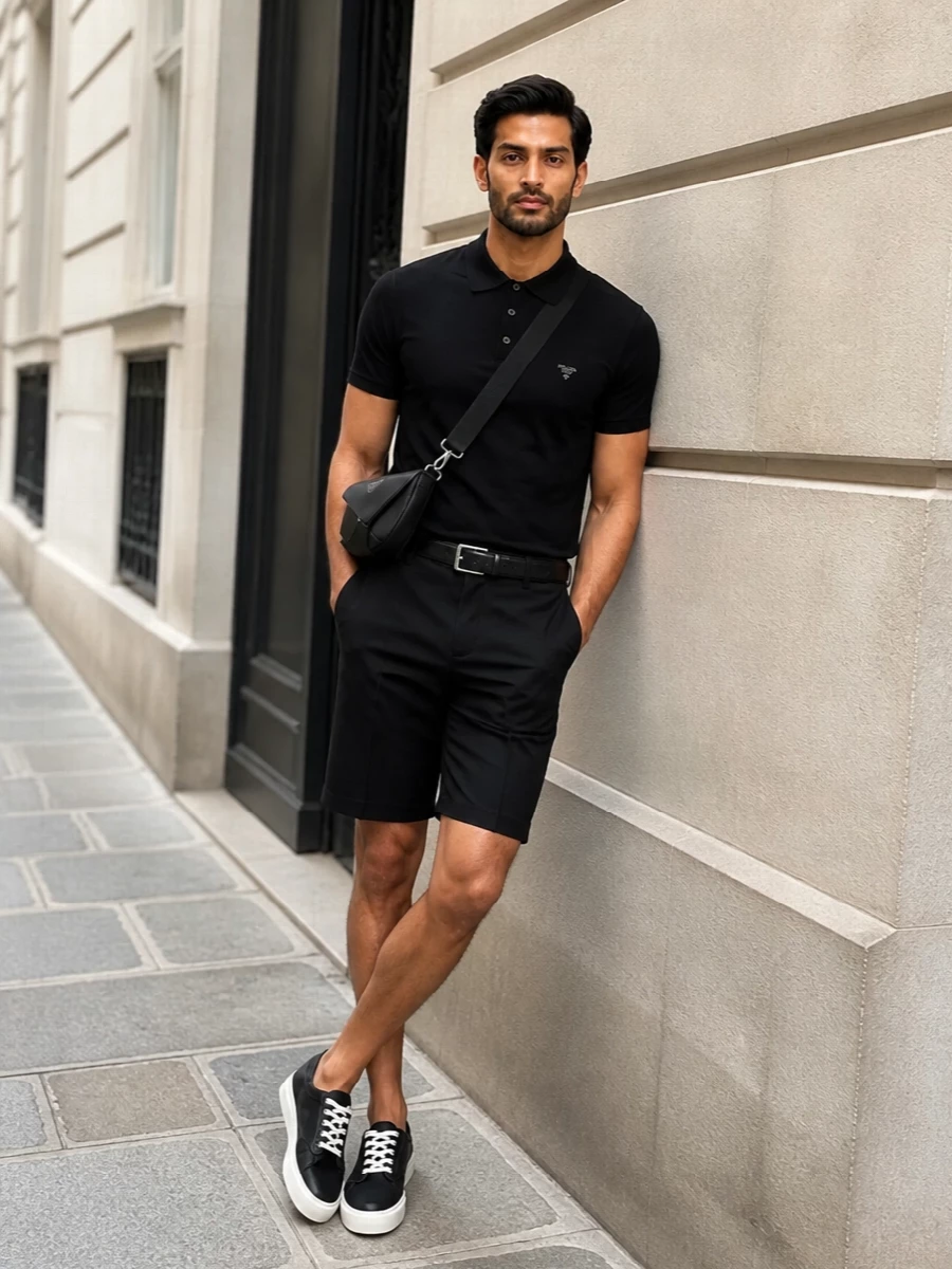 Designer black bermuda shorts knit polo outfit